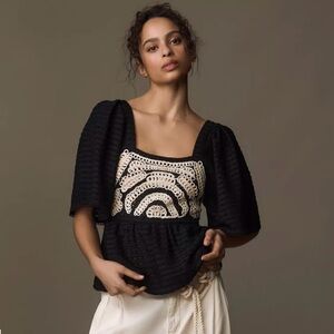 Sarah Hann Anthropologie Flutter Sleeve Crochet Babydoll Blouse Sz M $198